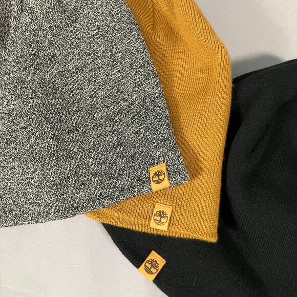 Timberland Beanie Lot 3 Pack Knit Hats Black Grey Mustard Acrylic OS Unisex - Picture 10 of 11